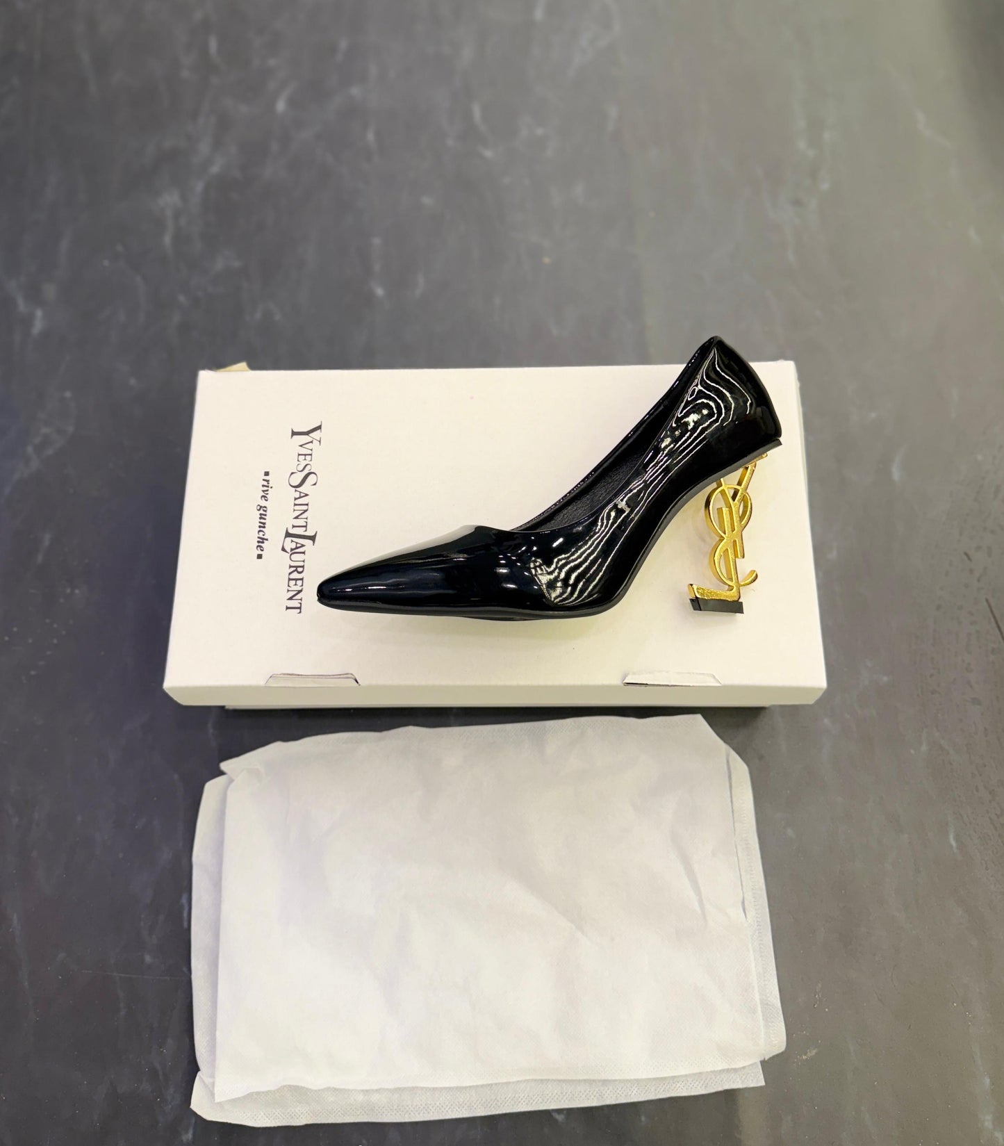 YSL- PATENT BLACK GOLD HEELS