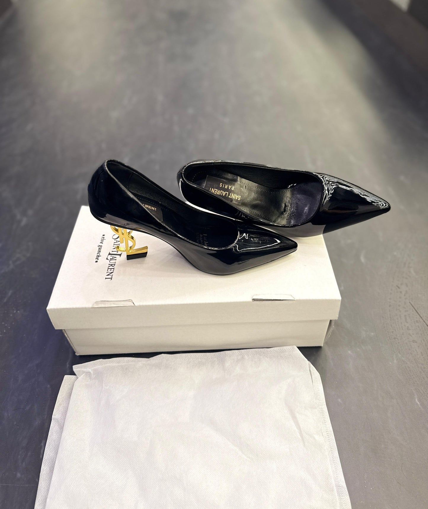 YSL- PATENT BLACK GOLD HEELS