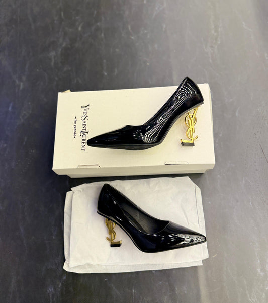 YSL- PATENT BLACK GOLD HEELS